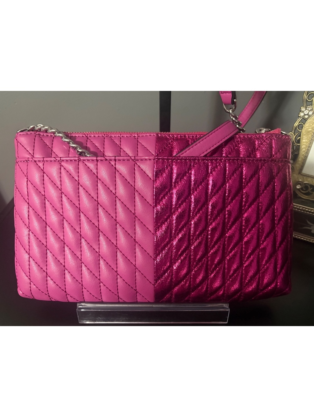 Karl Lagerfeld Paris Metallic & Matte Pink Quilted Crossbody - Picture 5 of 7